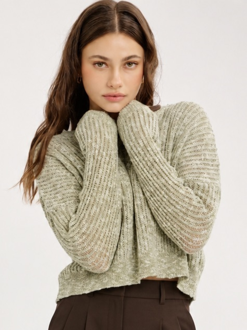 Open Knit Cropped Sweater Long Sleeve Relaxed Fit in Olive Green NWT